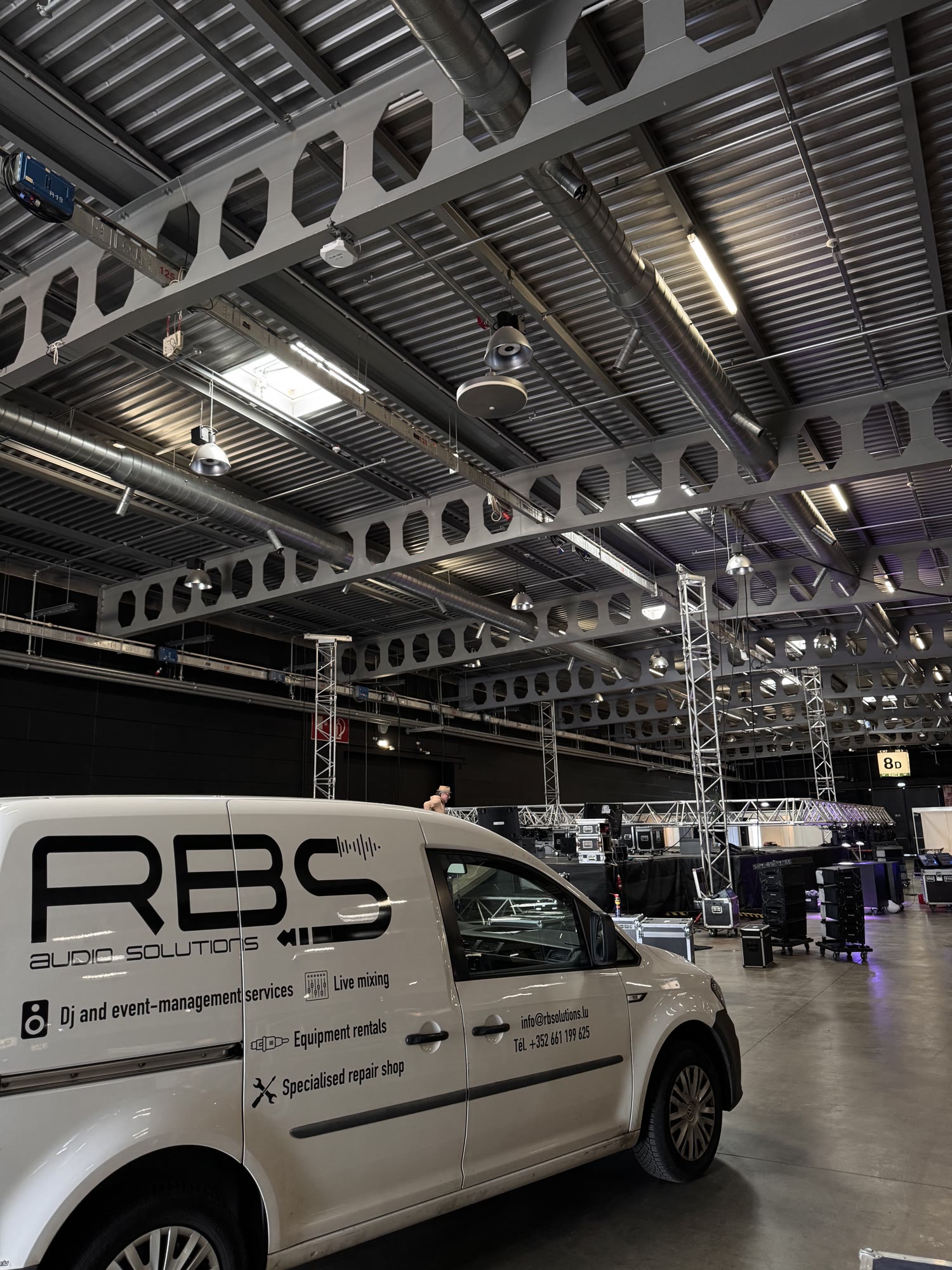 RBS event van parked inside a venue beside staging equipment